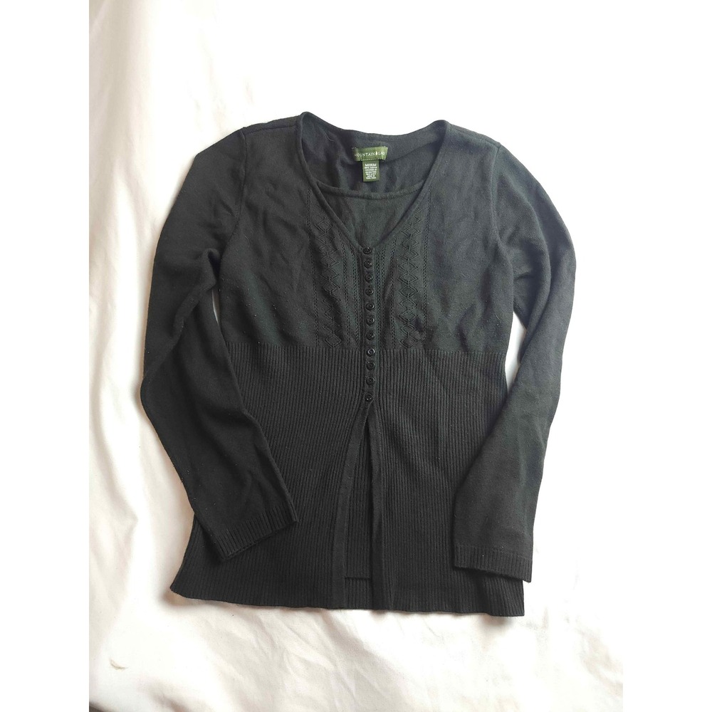 Mountain Lake Womens Black Knit Button Front Sweater Ribbed Diamond Medium